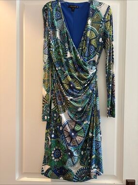 Femme Draped Wrap Dress in Blue and Green Medallion Print